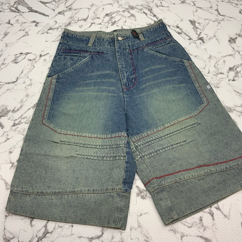 Men's Vokal by Nelly Mid Blue Vintage Red Khaki Stitched Denim Shorts